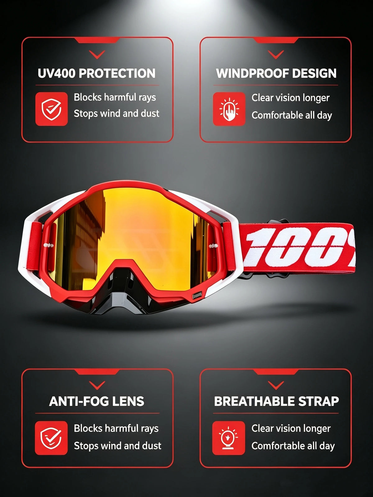 A pair of red and orange off-road motorcycle goggles with clear lenses shown against a dark background.