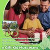 A family of three smiling while holding a dinosaur head walkie talkie set for kids