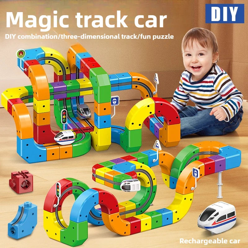 A child is playing with a colorful magic track car DIY combination puzzle made of magnetic building blocks.