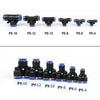 A collection of pneumatic quick push-in fittings labeled PE and PY series in various sizes.