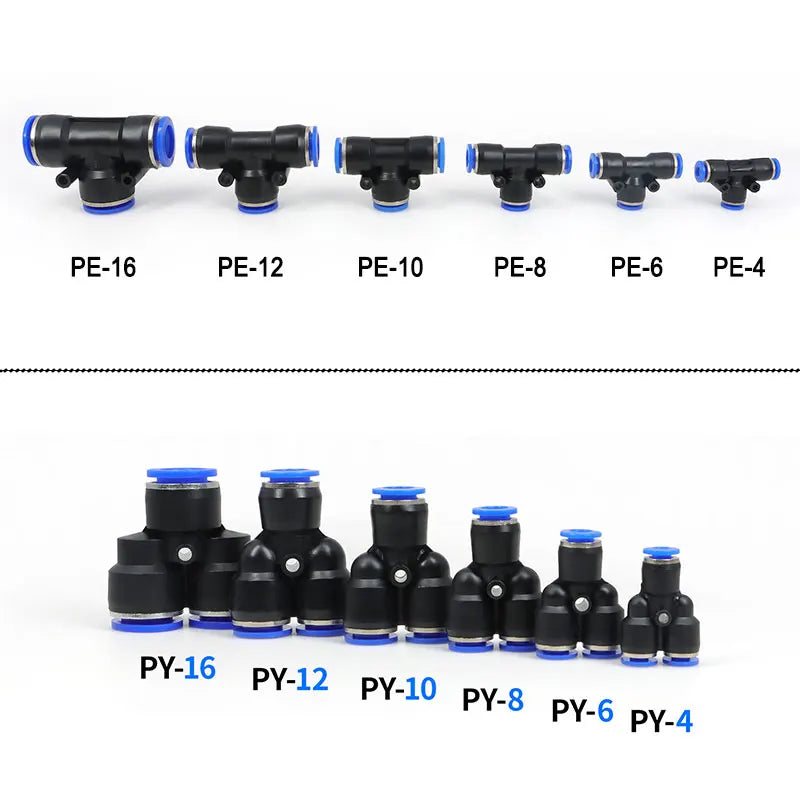 A collection of pneumatic quick push-in fittings labeled PE and PY series in various sizes.