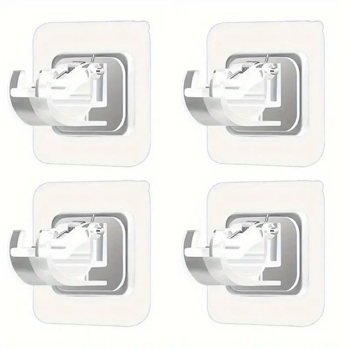 Four views of self-adhesive adjustable curtain rod brackets for mounting hardware.