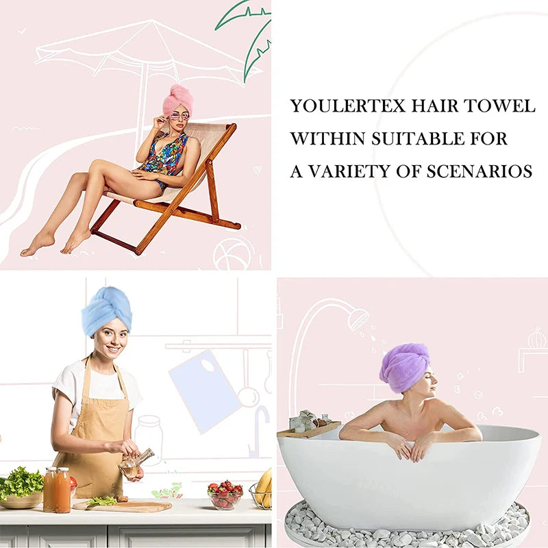 A purple hair towel wrap is shown being used in a bathtub setting.