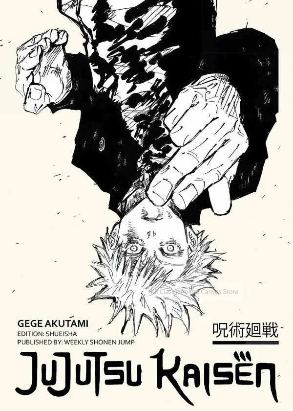 Black and white illustration featuring a hand grasping a face, with the title Jujutsu Kaisen.