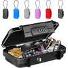 A portable travel safe lock box with a combination lock and detachable cable, shown open displaying various colored locks.
