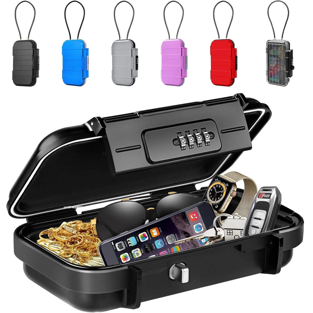A portable travel safe lock box with a combination lock and detachable cable, shown open displaying various colored locks.