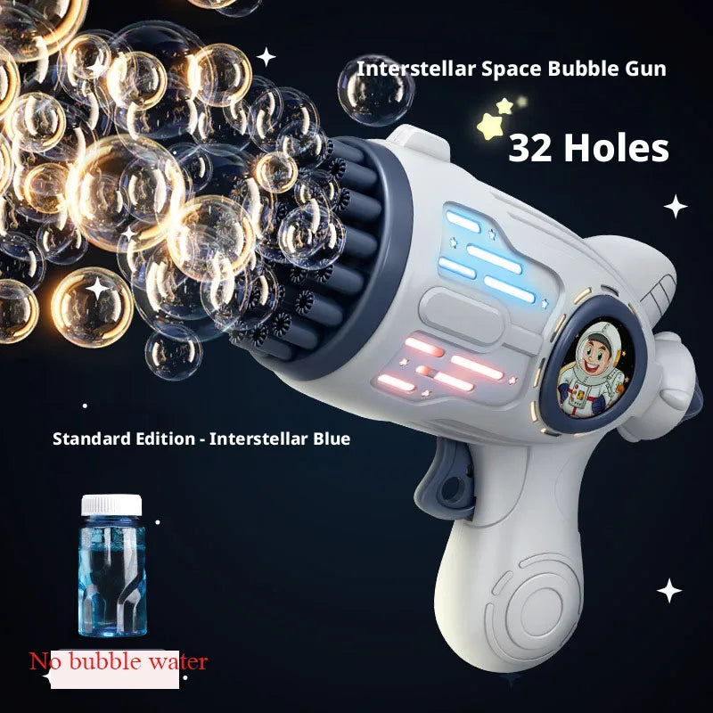 A white electric bubble gun with 32 holes is shown firing bubbles against a dark background.