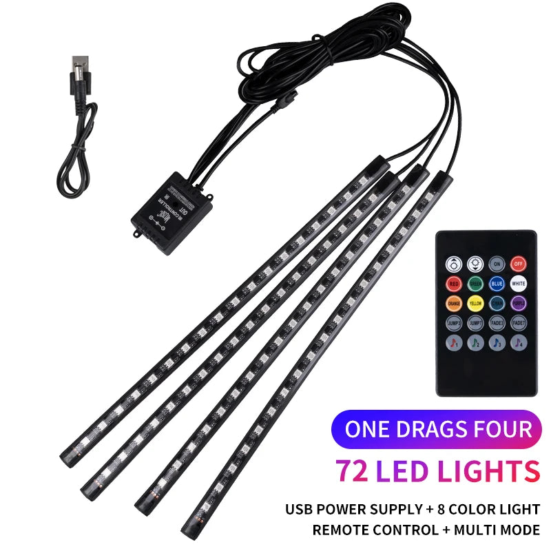RGB LED car interior ambient light kit with music sync and remote control featuring 72 LED lights
