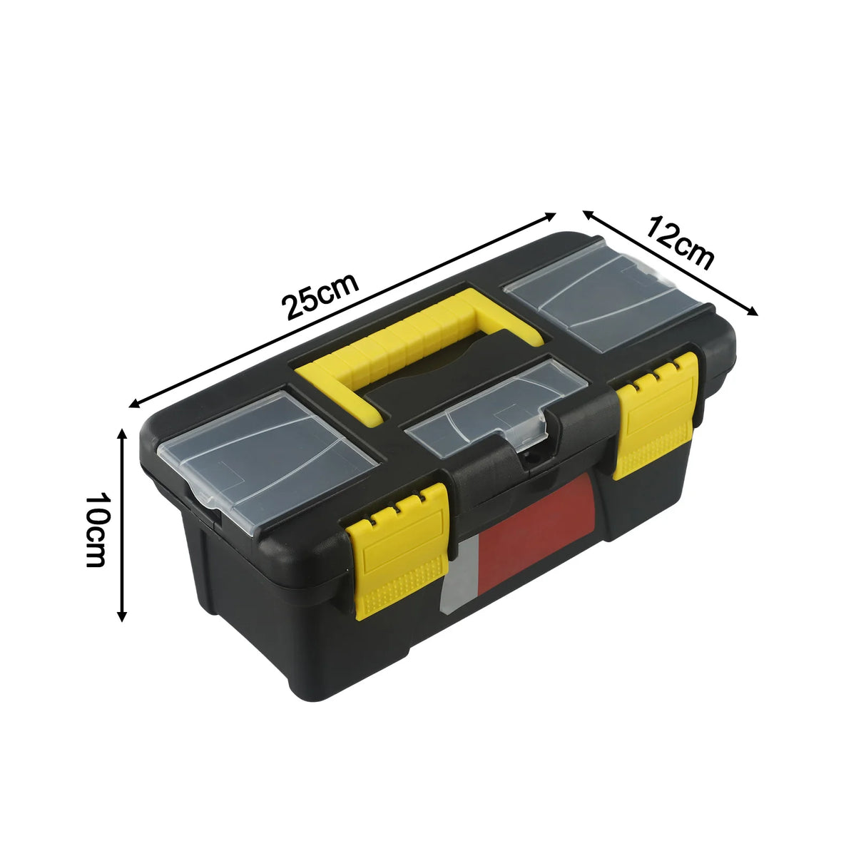 A black and yellow plastic toolbox with two layers of solar panels, showing its dimensions.