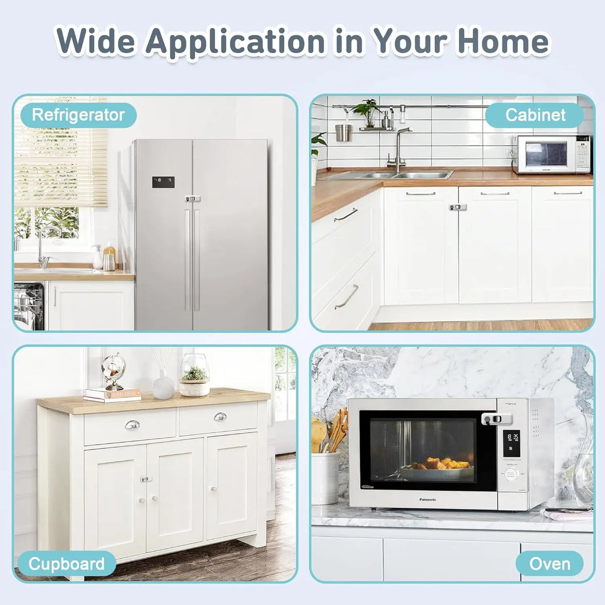 Image showing wide application of child safety refrigerator locks on a refrigerator, cabinet, cupboard, and oven.