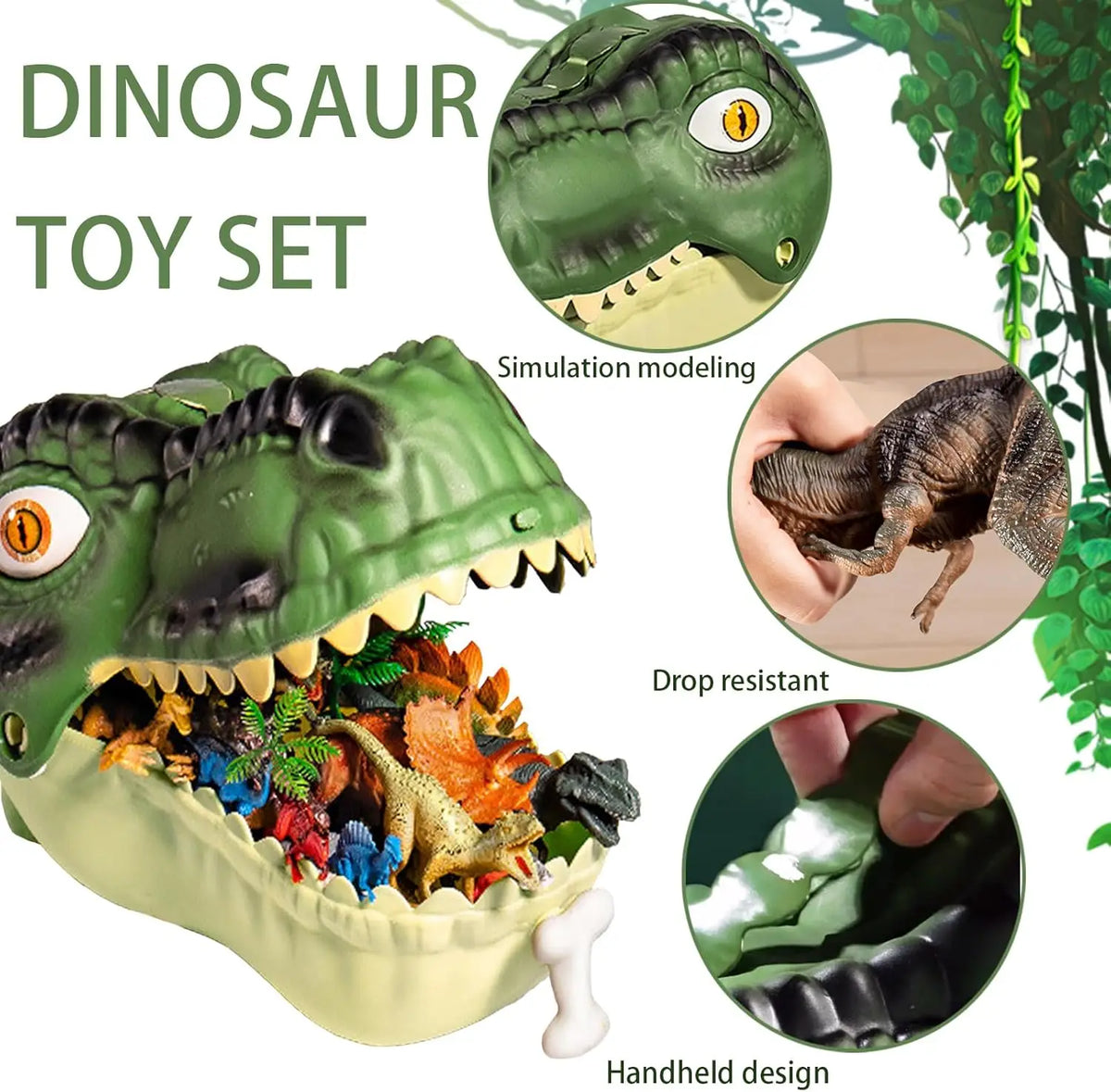 A dinosaur toy set featuring a green figurine with an open mouth revealing various small dinosaur figures and a storage box.
