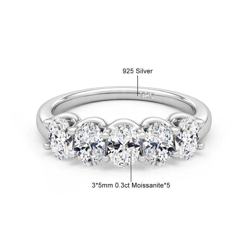 Oval Moissanite Five-Stone Ring in Solid 14K Yellow Gold