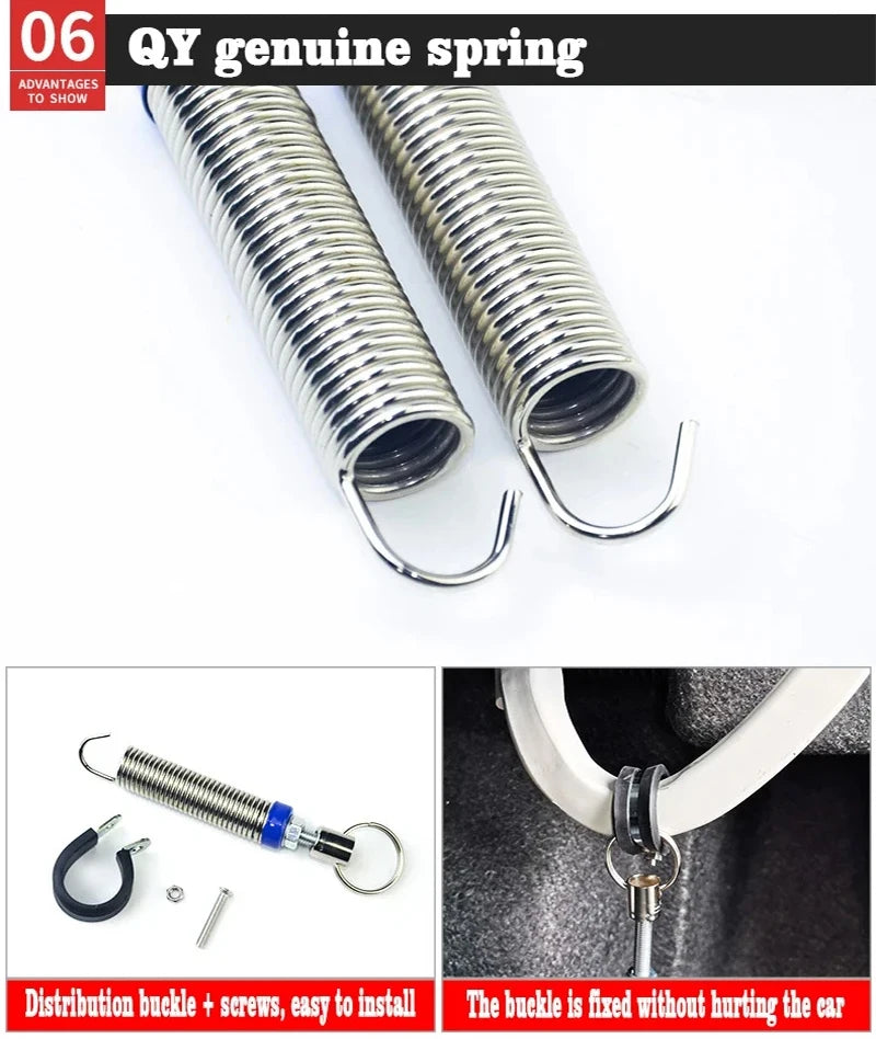 A close-up view of a shiny metal spring used for an adjustable car trunk lift, showing the coil and hook end.