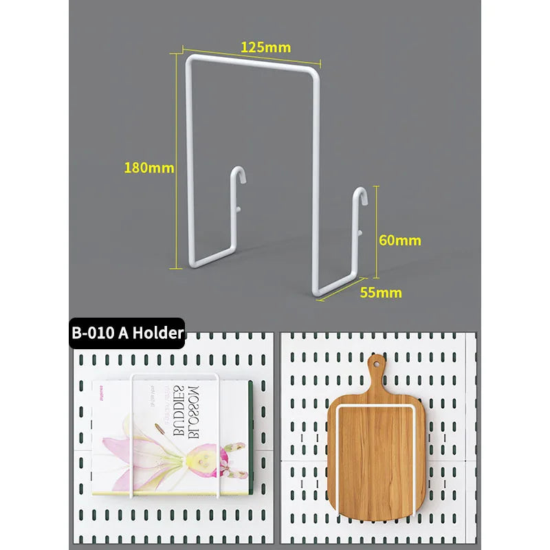 A white desktop pegboard organizer with a rectangular frame, hooks, and shelves shown against a gray background.