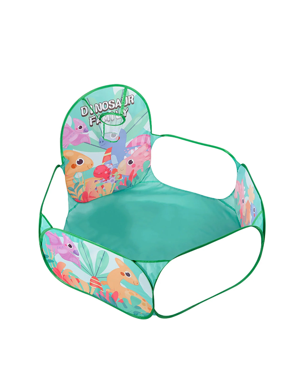 A foldable kids ball pit with a basketball hoop playpen featuring dinosaur and animal designs.