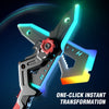 A futuristic light-up sword and axe toy undergoing a transformation effect against a dark blue background.