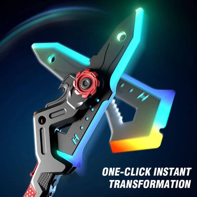 A futuristic light-up sword and axe toy undergoing a transformation effect against a dark blue background.