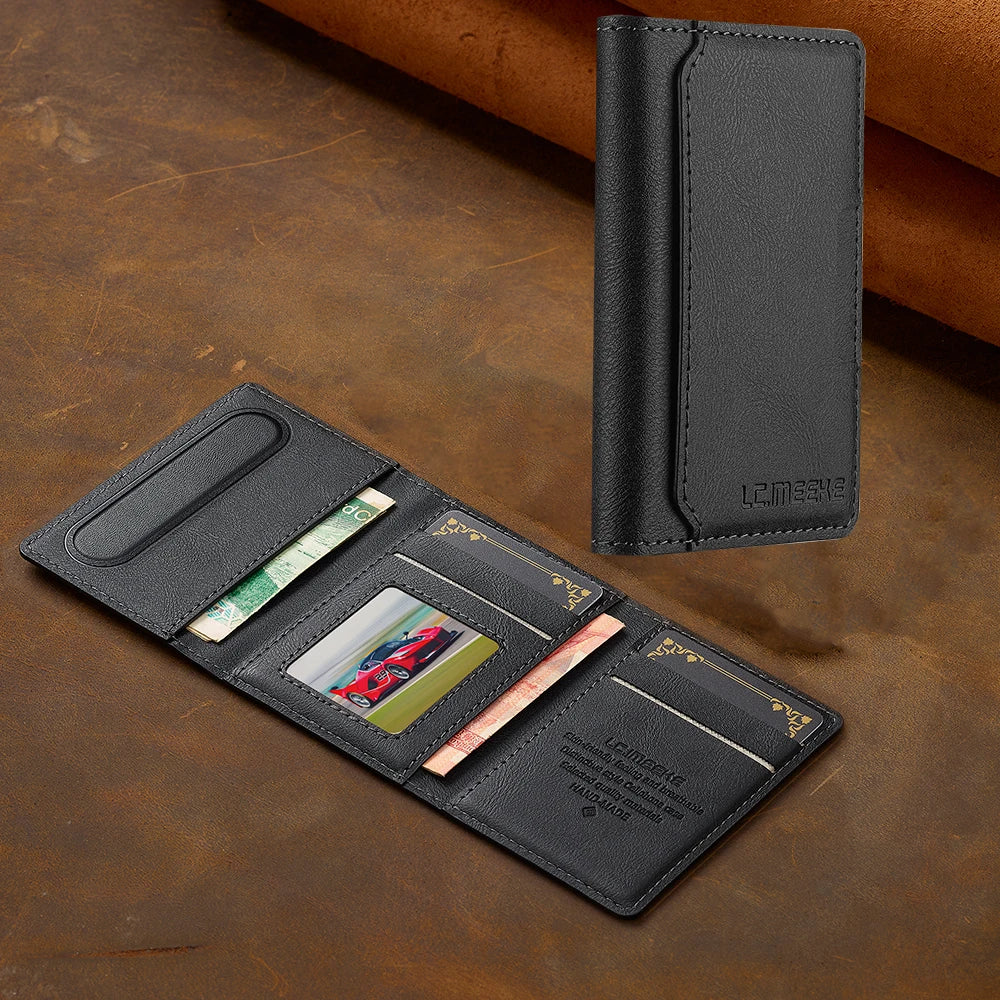 A black magnetic wallet phone case with card slots and a kickstand resting on a brown surface.