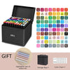 A black box containing 80 colored alcohol markers, a storage bag, and a color chart.