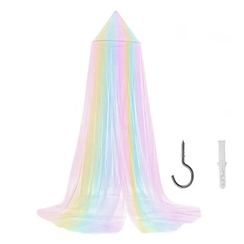 Rainbow hanging dome canopy mosquito net with a purple and iridescent fabric