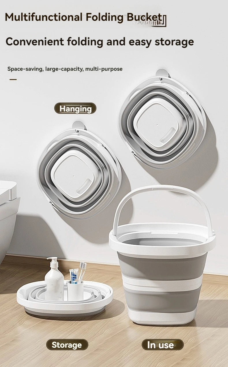 A white folding bucket is shown hanging, a separate bucket on a tray for storage, and the bucket in use.