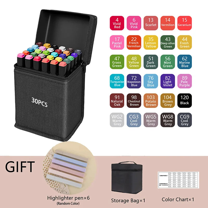 A black storage box containing 30 alcohol markers and a color chart with various colored pens.