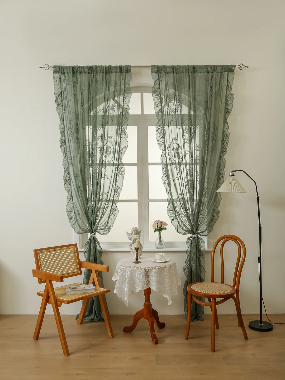Green Lace Curtains 84 Inches Long, Boho Sheer Florals with Scallop Ruffle