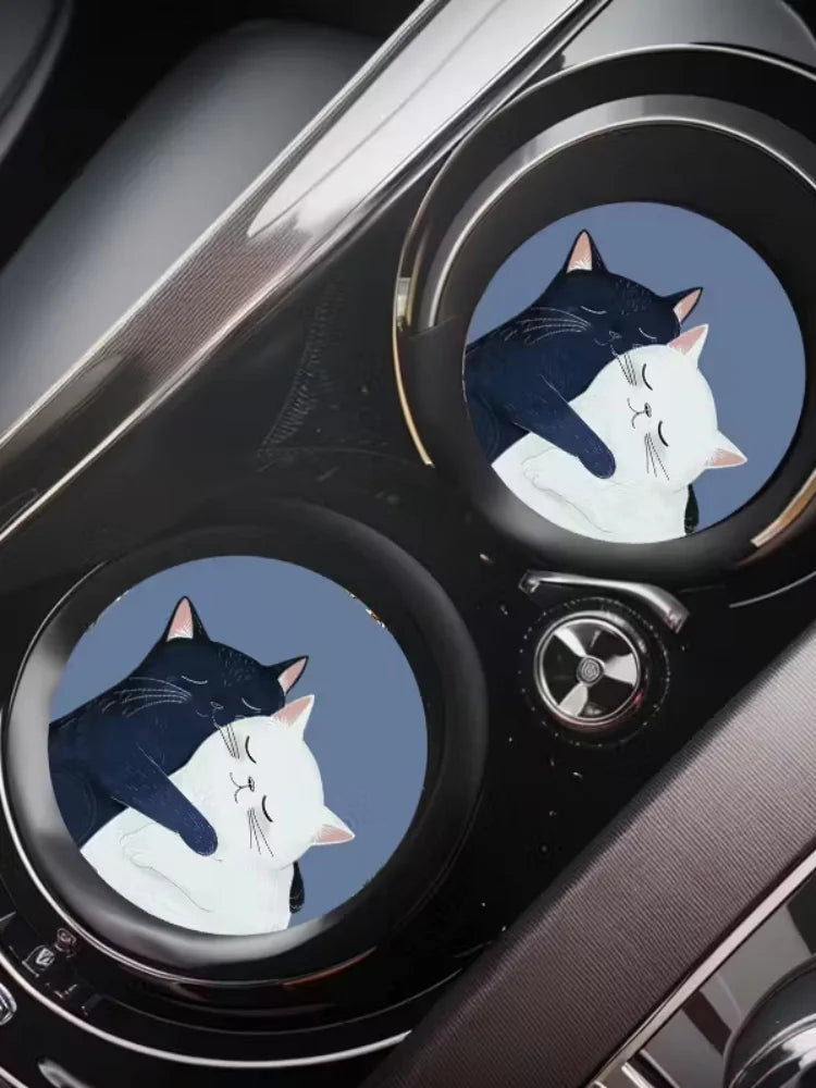 Decorative Cat Flower Car Cup Holder Mat Set