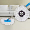 White microfiber mop head refill with a black center and blue handle, used for cleaning.
