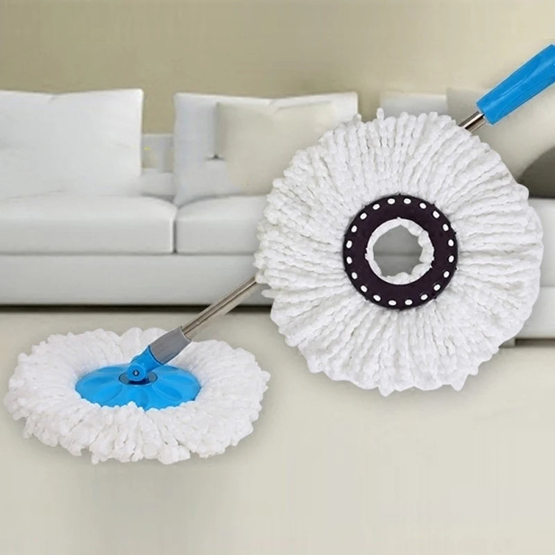White microfiber mop head refill with a black center and blue handle, used for cleaning.
