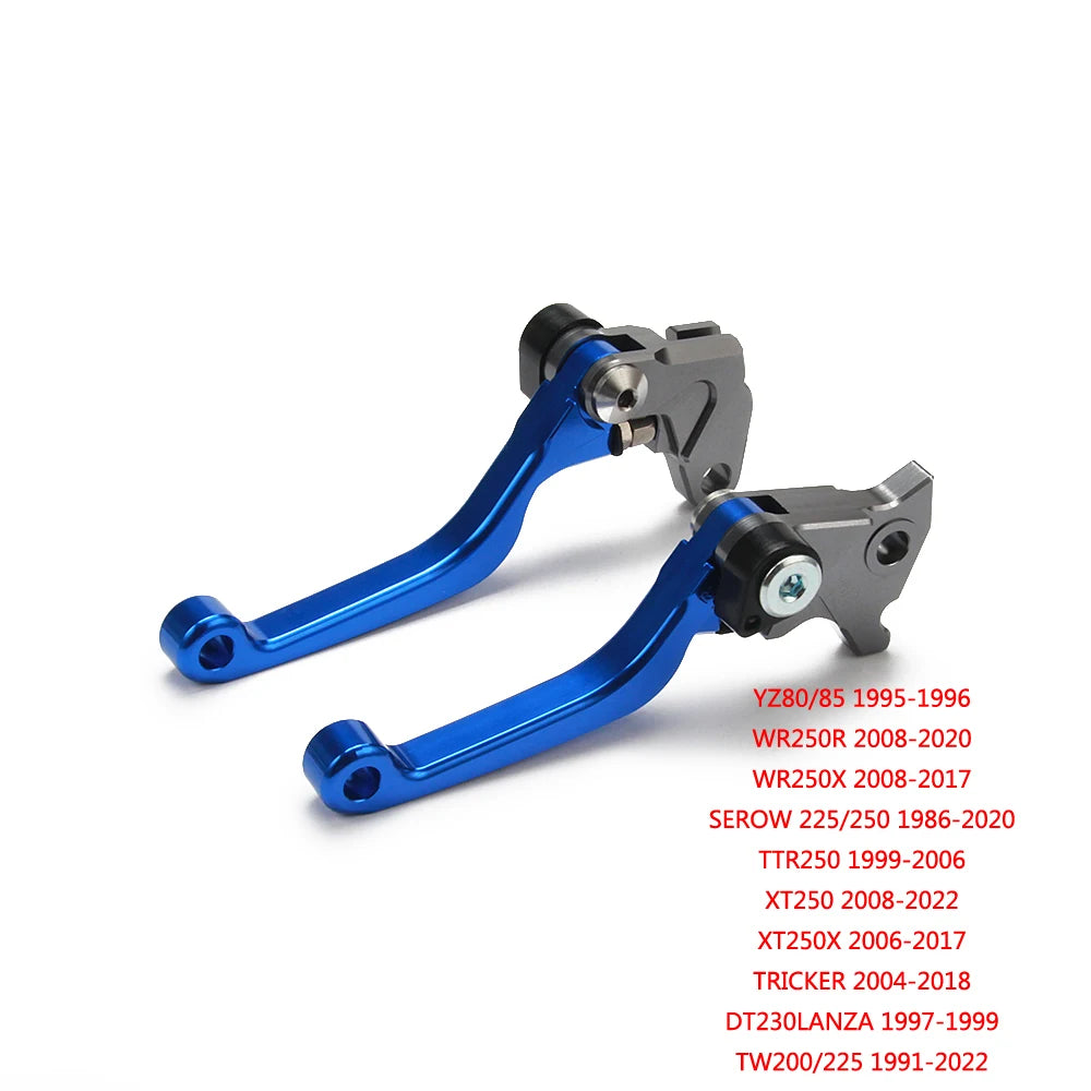 CNC aluminum brake and clutch lever set for select Yamaha dirt bikes in silver and blue.