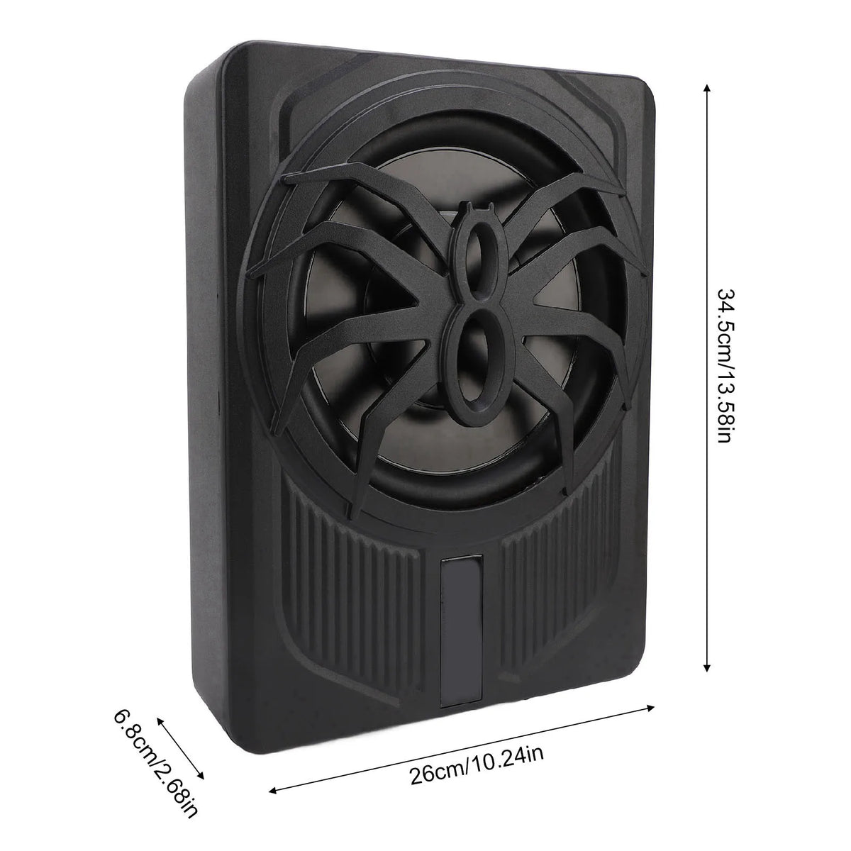 Subwoofer noir mince de 10 pouces sous siège avec grille décorative en araignée et enceinte rectangulaire.