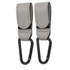 A pair of gray PU leather stroller hooks with swivel clasps.