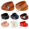 A collection of adjustable leather bag straps in various colors including brown, black, navy blue, tan, white, and red.