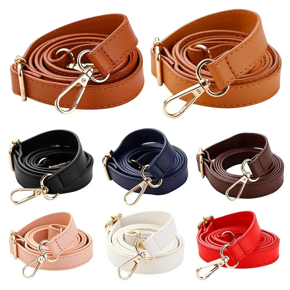 A collection of adjustable leather bag straps in various colors including brown, black, navy blue, tan, white, and red.