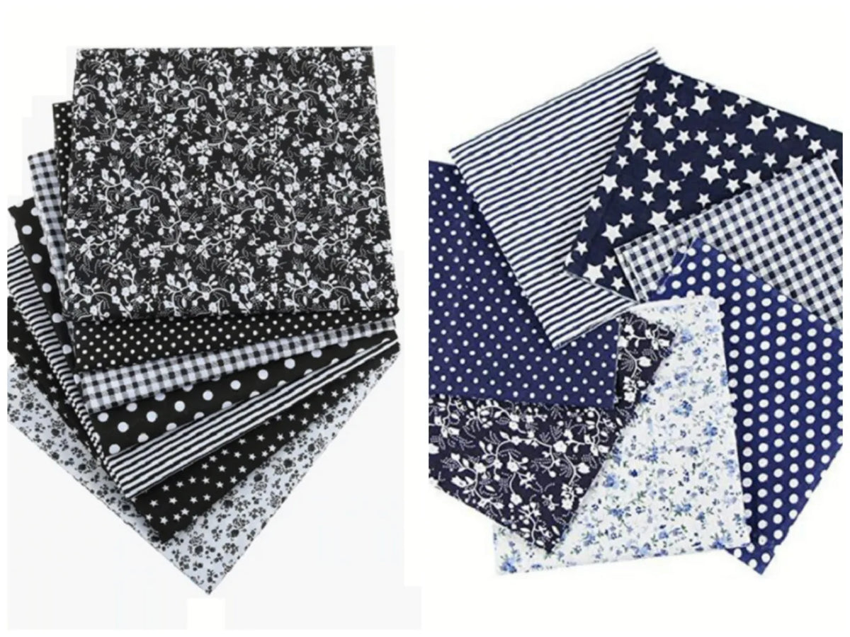 A bundle of cotton fabric squares featuring various floral, dot, and striped patterns in black, white, and blue.