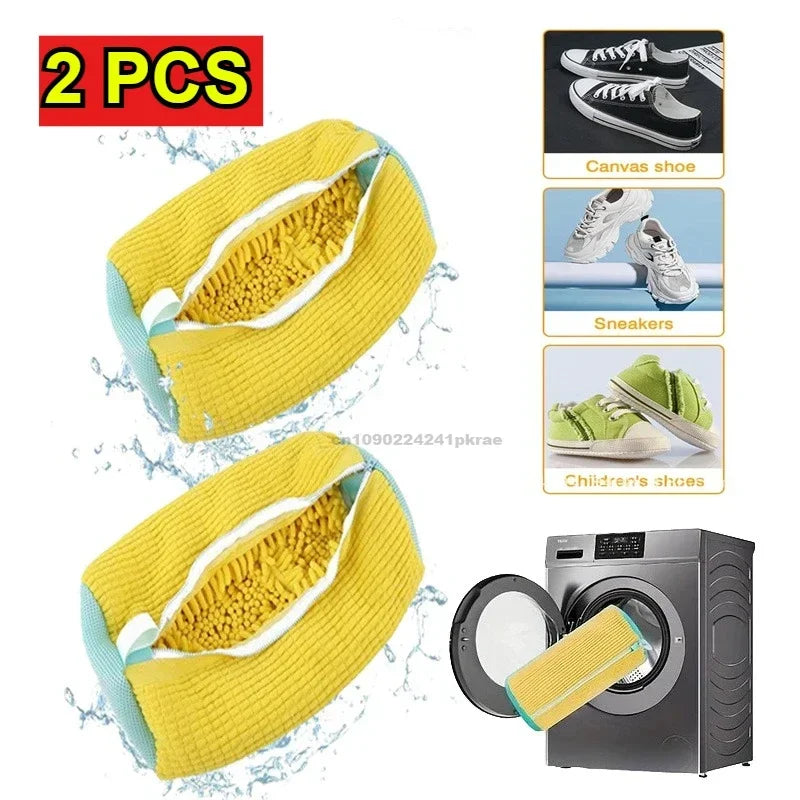Two yellow shoe laundry bags with protective mesh nets shown next to a washing machine.
