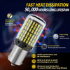A close-up view of a bright LED light bulb designed for turn signals, brake, and reverse lights, highlighting its heat dissip