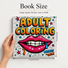 A large square adult coloring book featuring colorful text and designs for stress relief