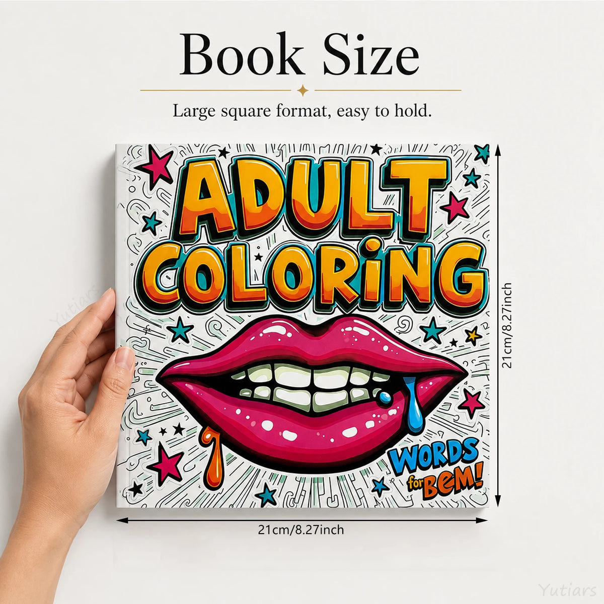 A large square adult coloring book featuring colorful text and designs for stress relief