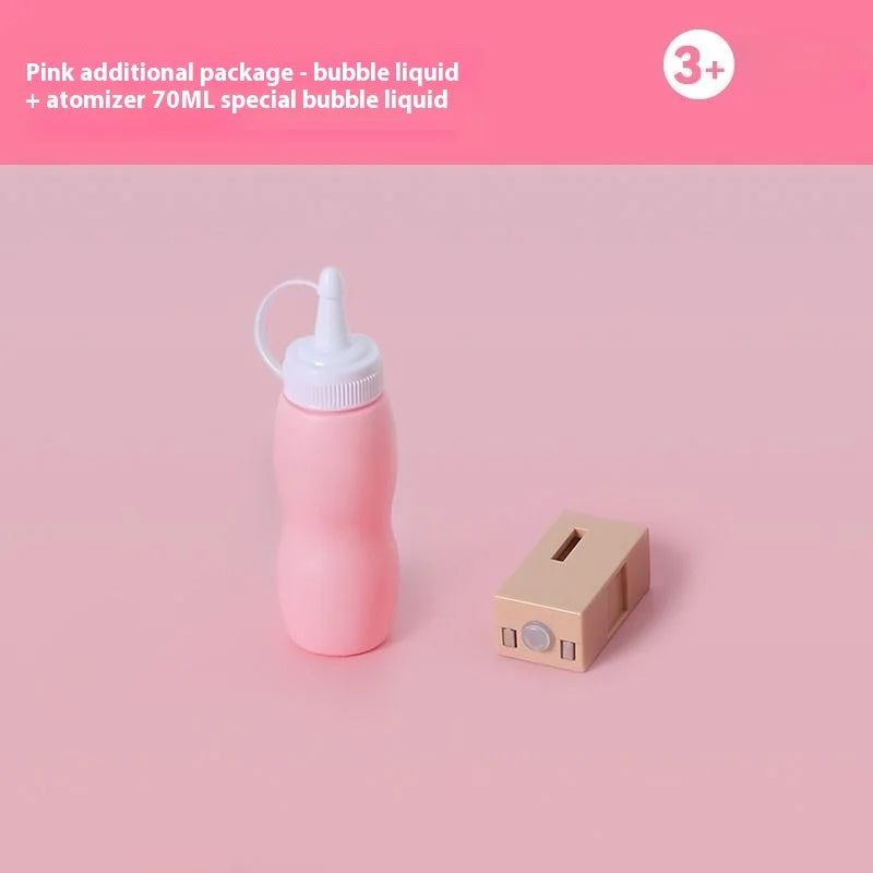 A pink bottle with a white cap and a small beige box is shown on a light pink background.