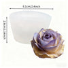 A light purple rose flower silicone mold with a gold accent, shown next to its dimensions.