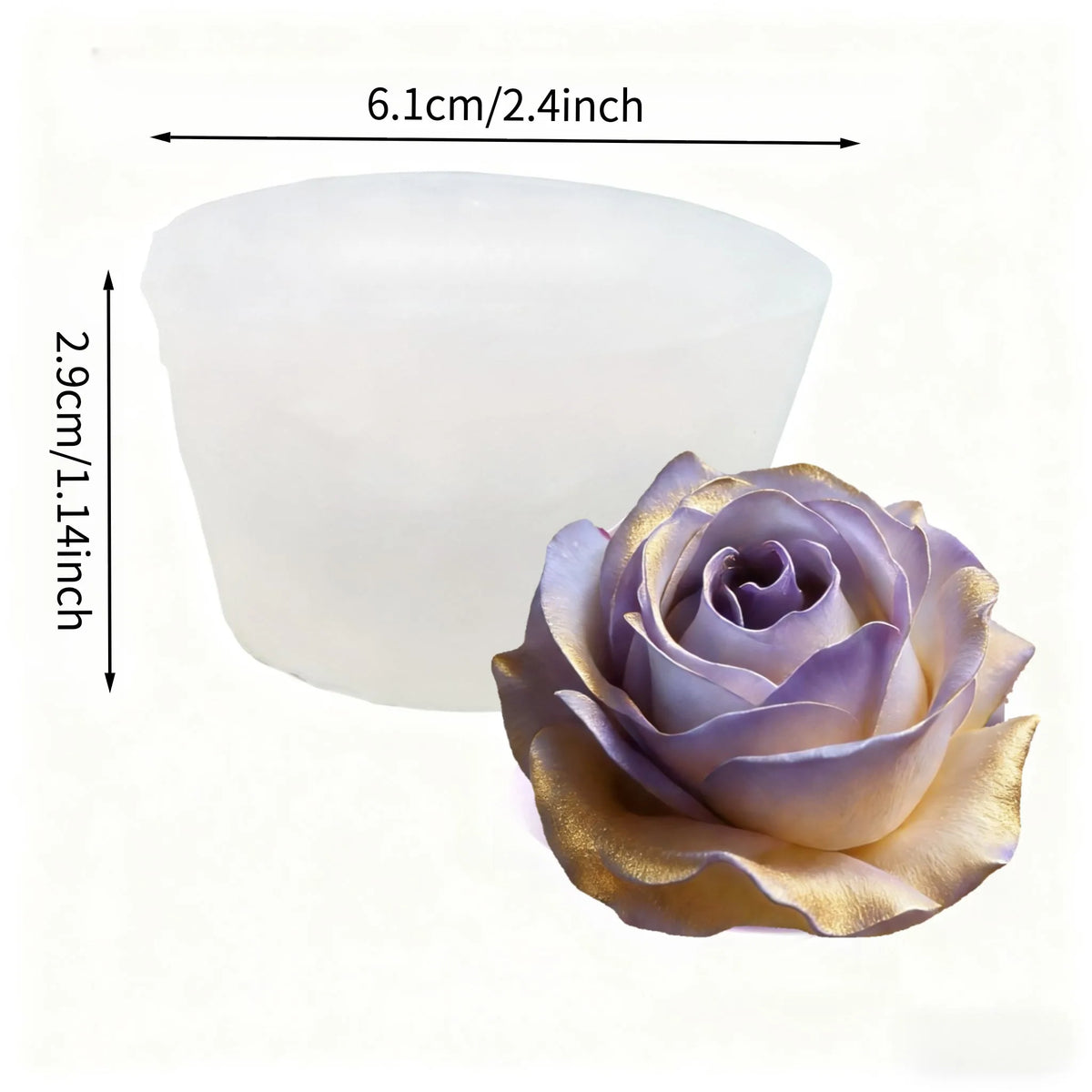 A light purple rose flower silicone mold with a gold accent, shown next to its dimensions.