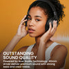 A woman is shown wearing black Acer headphones, highlighting outstanding sound quality and clear treble.