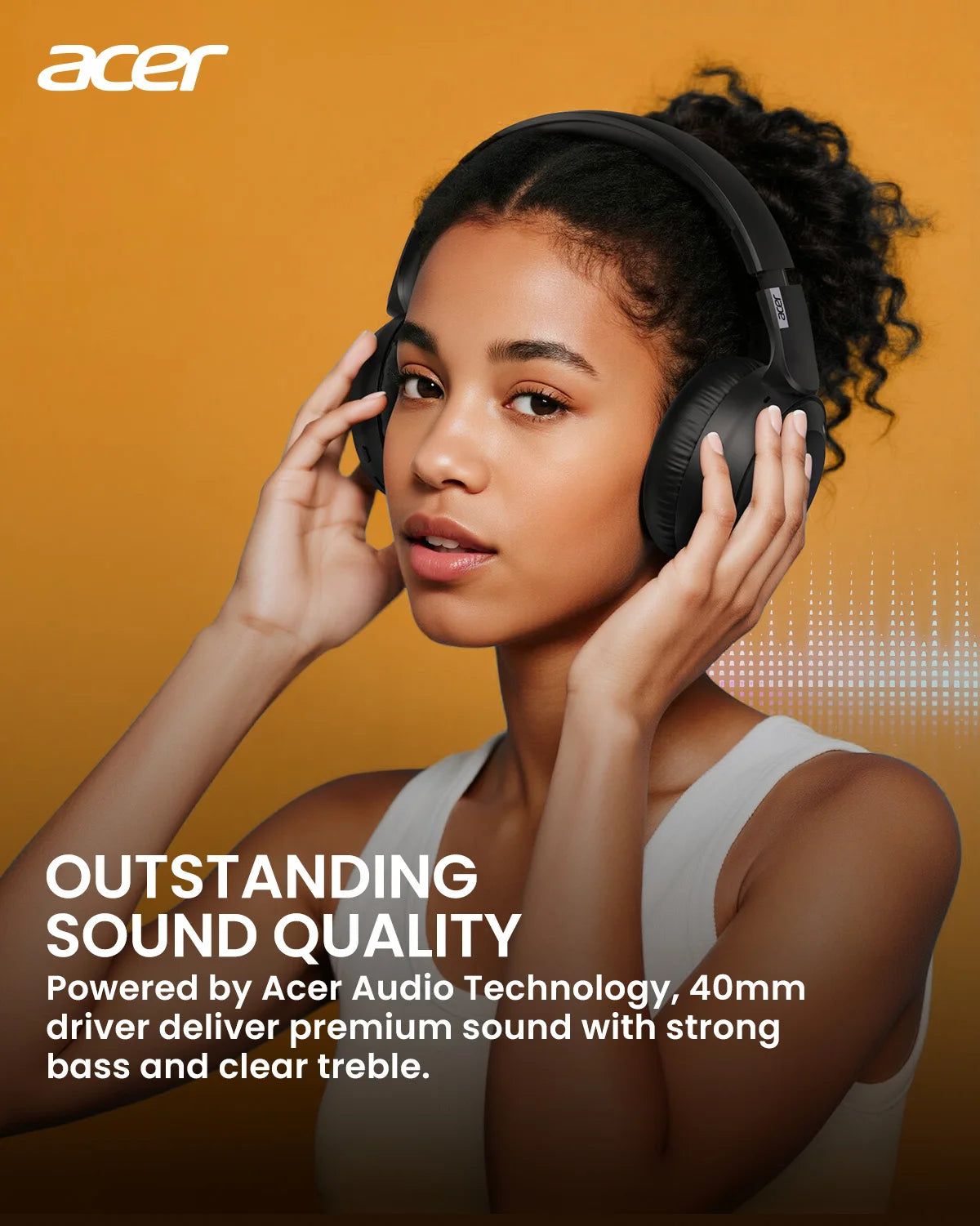 A woman is shown wearing black Acer headphones, highlighting outstanding sound quality and clear treble.
