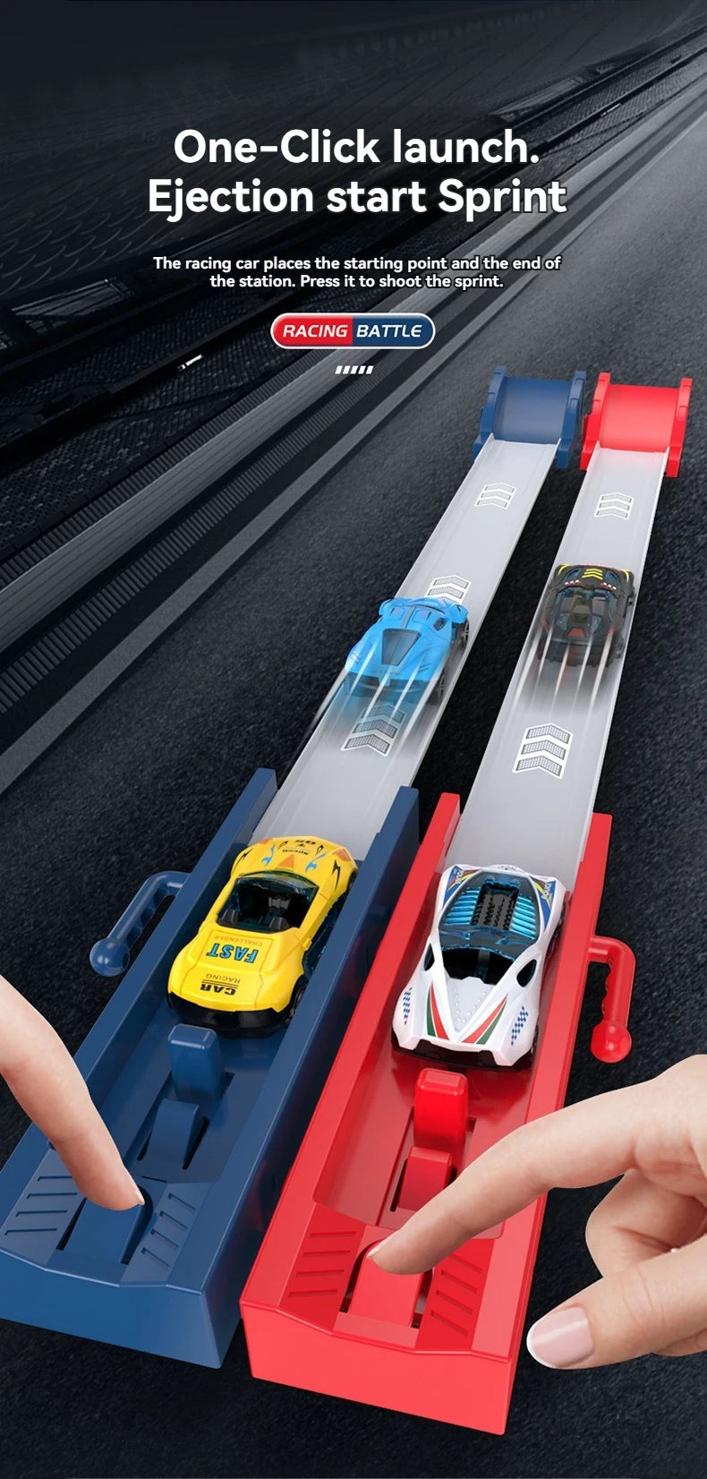 A hand is launching a blue die-cast racing car on a red catapult track set.