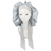 A white satin sleep cap with a voluminous silver fabric drape is displayed on a mannequin.