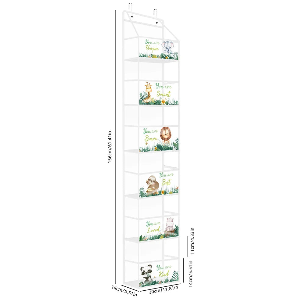 A tall white over-the-door hanging organizer with clear compartments displaying various plant illustrations.