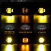 Three light modes of LED driving lights showing main light, amber DRL, and all lights on configurations.