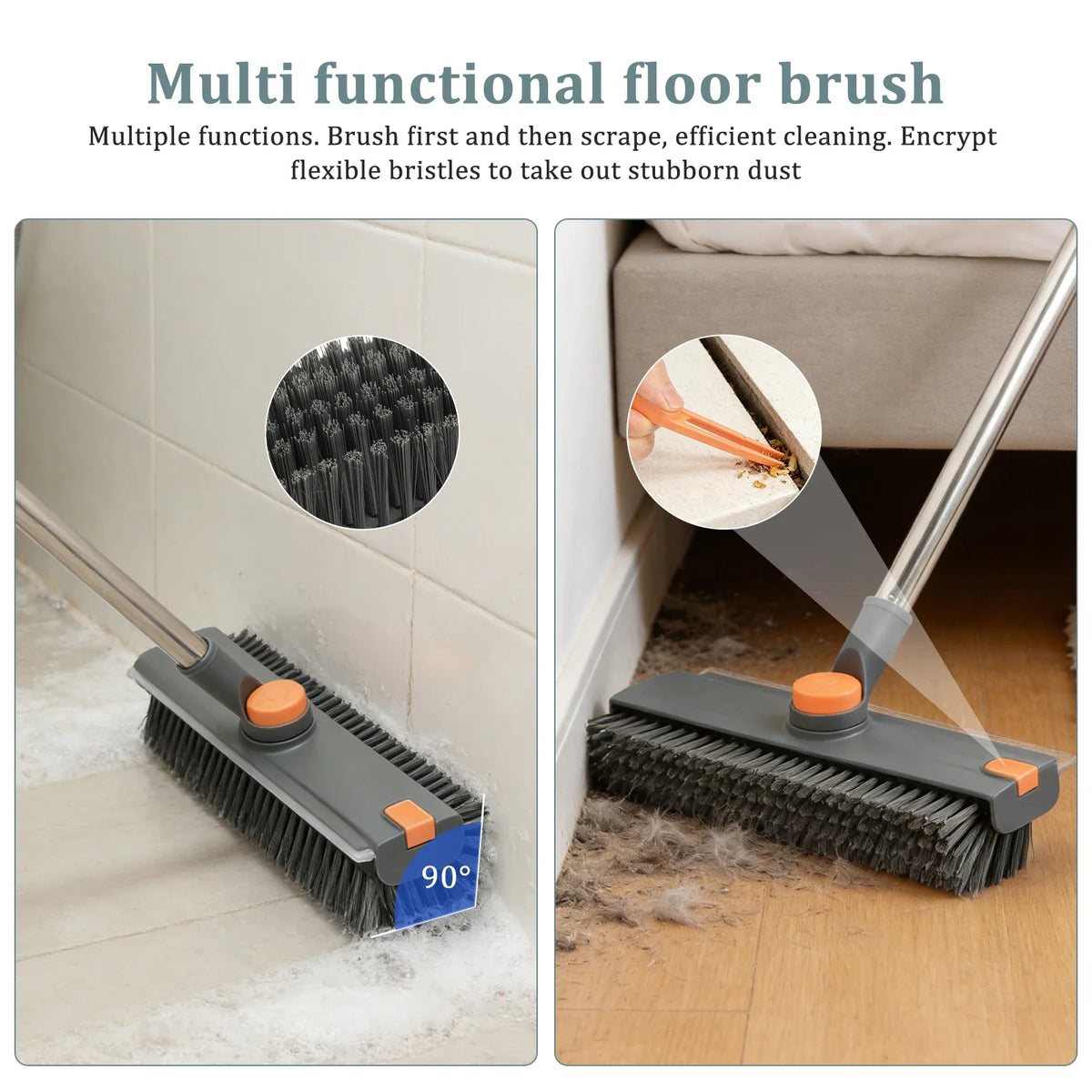A multi functional floor brush with a long handle and flexible bristles used for efficient cleaning.